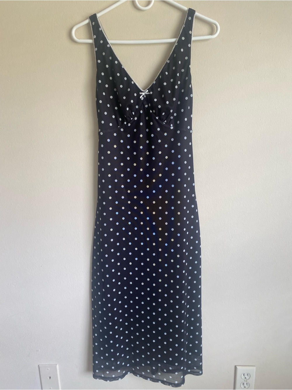 GB Black White Polka Dot Slip Midi Dress Lace Trim Bow Y2K Size S
